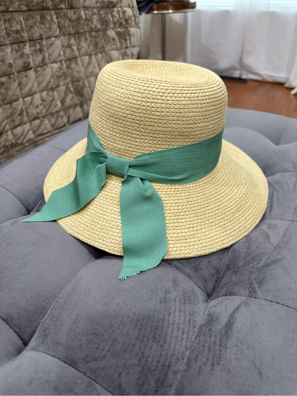 Straw Sun Hat with Mint Green Ribbon